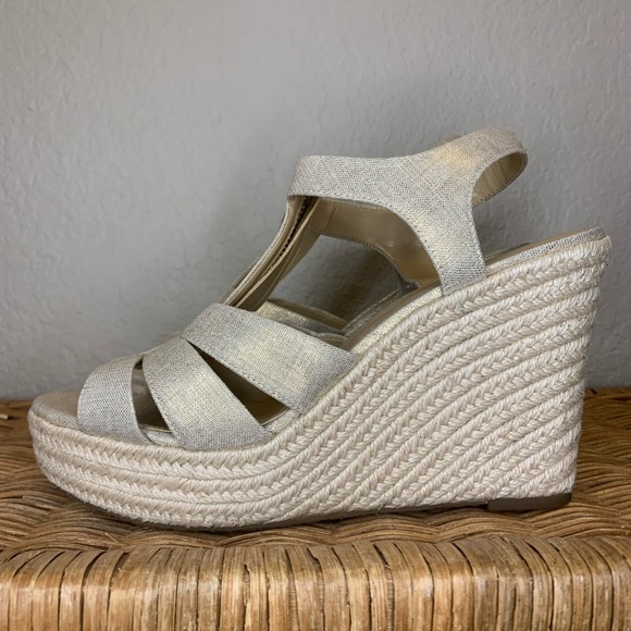Michael Michael Kors Berkeley Gold Shimmer Linen Zip Up Wedges Size 10 - Picture 4 of 9